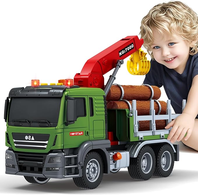 SpringFlower Boy Truck Toys, 3 4 5 6 Years Old Farm Truck Vehicle, Timber Toy with Loading Crane & Lights & Sounds, 3 4 5 6 Kids Toddles Birthday for Boys Girls