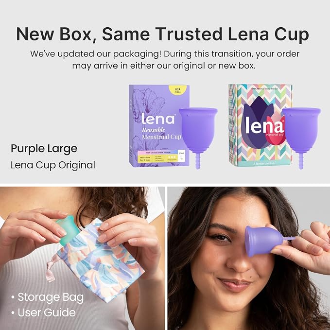 Lena Menstrual Cup Original - Soft Reusable Medical-Grade Silicone Period Cups for Women Heavy Flow, Comfortable 12-Hour Leak-Free Protection, Beginner-Friendly Feminine Care - Large, Purple