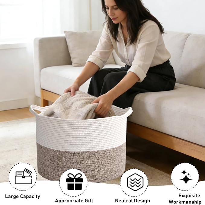 Large Woven Blanket Basket,65L Cotton Rope Laundry Basket | Collapsible Nursery Storage Bin with Sturdy Handles for Clothes, Toys, Pillows, Living Room Bedroom Bathroom - White & Brown