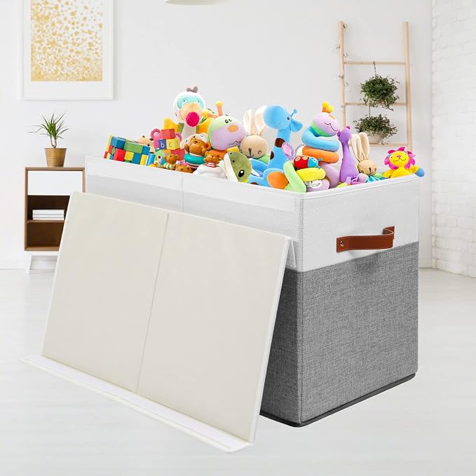 Large Toy Storage Box with Lid, Toy Chest Bin Boxes Basket with Dividers | Sturdy Toy Organizer Bin for Kids, Boys, Girls, Nursery, Living Room, Bedroom, Playroom 25"x13" x16" (Grey and White)
