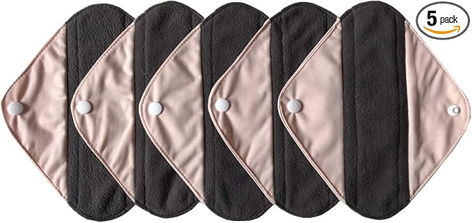 5 Pieces Charcoal Bamboo Mama Cloth/Menstrual Pads/Reusable Sanitary Pads (Light Pink, Pantyliner (8 inch))