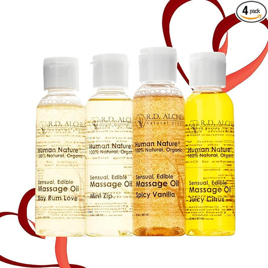 RD Alchemy - 100% Natural & Organic Edible Massage Oil Sample Pack - 4 Flavors: Bay Rum Love | Juicy Citrus | Spicy Vanilla | Mint Zip. Silky Smooth for Sensual Massage, Bath, Date Night & More!