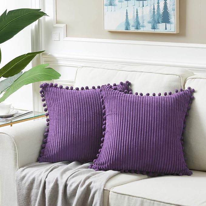 Fancy Homi 24x24 Pillow Covers, Pack of 2 Purple Throw Pillow Covers with Pom-poms, Super Soft Corduroy Square Solid Cushion Cover for Couch Sofa Bedroom Living Room 60x60 cm