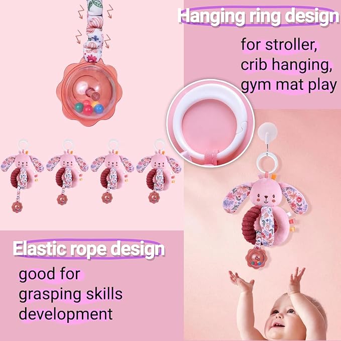 Baby Spiral Car Seat Toys for Babies 0-6 Months Girl, Stroller Hanging Stuffed Animal Carseat Mirror Crinkle Toy 0-3-6-7-12, Newborn Infant Valentines Gifts Easter Basket Stuffers Bunny 3PCS