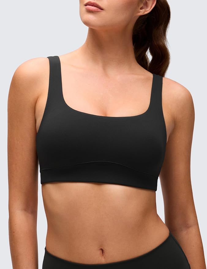 CRZ YOGA Butterluxe Scoop Neck Sports Bras for Women - U Back Padded Wide Strap Wireless Yoga Top