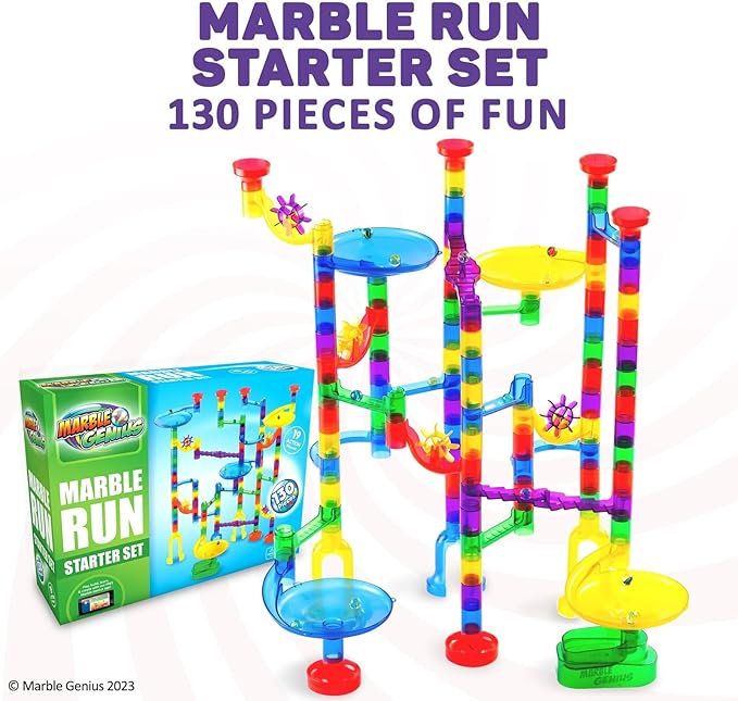 Marble Genius Marble Run - 130 Complete Pieces Maze Track Toys for Adults, Teens, Toddlers & Kids Aged 4-8 Years Old, (80 Translucent Marbulous Pieces + 50 Glass-Marble Set), Starter Set