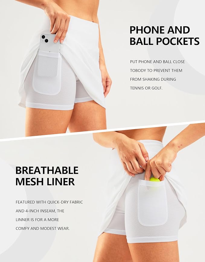 16" Golf Skirt with 2 Zipper Pockets | Tee Holder, Mesh Shorts, High Waisted, Casual, Pickleball, Athletic, Tennis, Skorts for Women