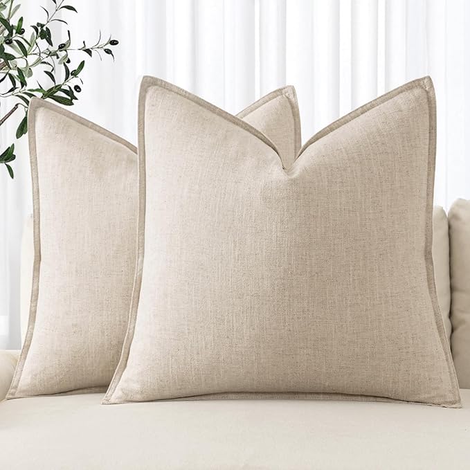 MIULEE Decorative Linen Euro Sham Pillow Covers 24x24 Natural Beige | Boho Farmhouse Neutral Couch Throw Pillows for Bed, Pack of 2 Accent Modern Pillowcases, Sofa Livingroom Home Decor