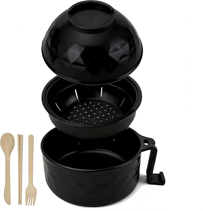 Layron Ramen Cooker Ramen Bowl Set with Chopsticks 33oz Microwave Noodle Bowl College Dorm Room Essentials for Girls for Boys Apartment Essentials-Black