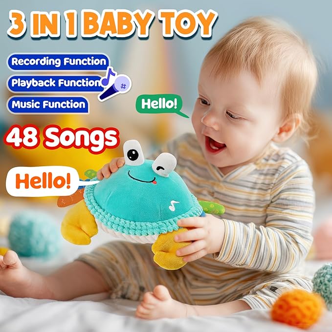 FUNZBO Baby Tummy Time Toys 12 18 Months - 3 in 1 Musical Dancing Crawling Crab Baby Plush Toy, Interactive Infant Toys with 50 Songs & Recording Feature, Birthday Gifts for Age 1-3 Toddler