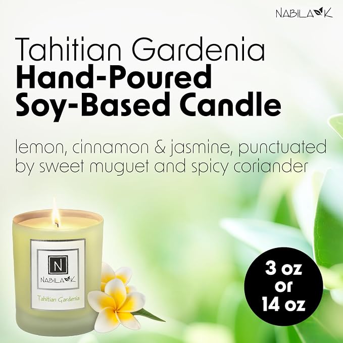 Nabila K - Tahitian Gardenia - Soy-Based Candle - Lemon, Cinnamon, Jasmine, Sweet Muguet & Spicy Coriander - Hand-Poured - Cotton Wick - Aromatherapy Candle w/Essential Oils - Made in USA - 14 oz