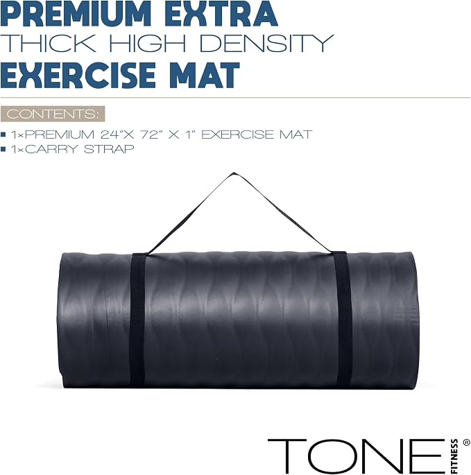 Tone Fitness 1-Inch Thick Yoga Mat | High-Density, Non-slip Exercise Mat with Carrying Strap for Yoga, Pilates, & Home Gym Workouts | Multiple Options