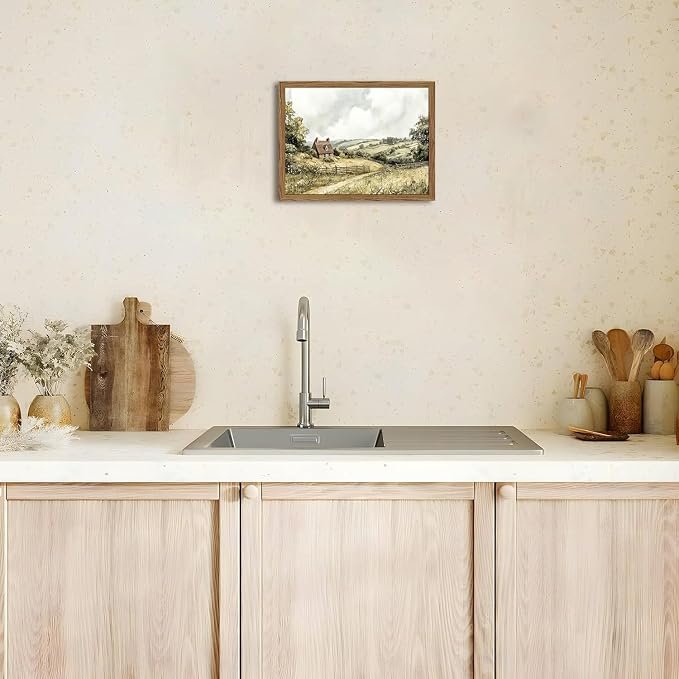 Framed Vintage Canvas Wall Art, Cottage Landscape Wall Decor Paintings, Rustic Farmhouse Pictures Prints Aesthetic Home Decor for Living Room Bedroom Bathroom 12x16 inch