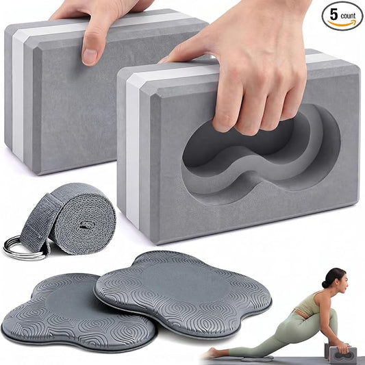 Yoga Blocks 2 Pack for Wrist Relief Yoga Blocks Wrist Support Set with Knee Pads and Strap Improve Comfort and Grip, Nonslip EVA Foam Pilates Exercise Balance Stretching Accessories Meditation