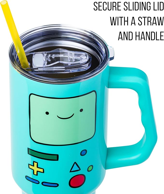 Silver Buffalo Adventure Time Featuring BMO Double Walled Stainless Steel Tumbler with Handle and Straw, Fits in Standard Cup Holder, 40 Ounces