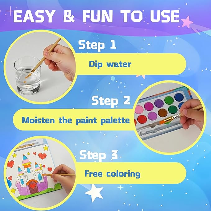 20 Pages Coloring Books for Kids Ages 4-8, 12 Color Strips Water Color Paint Sets, Arts and Crafts Drawing Activities Party Favors for Kids 3-5, Toys Birthday Gifts for Boys Girls