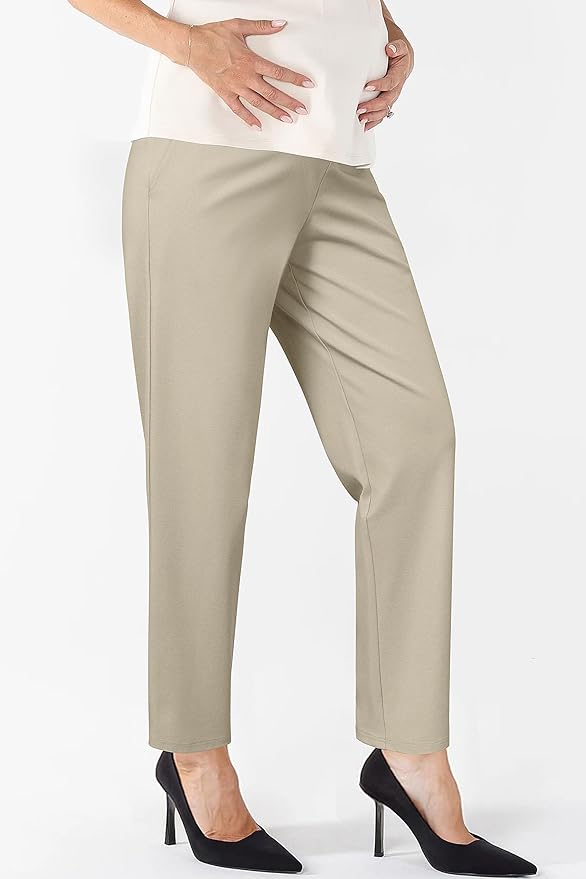 OUGES Womens Stretchy Maternity Over Belly Casual Work Straight Leg Pants Ankle Business Office Trousers with Pockets