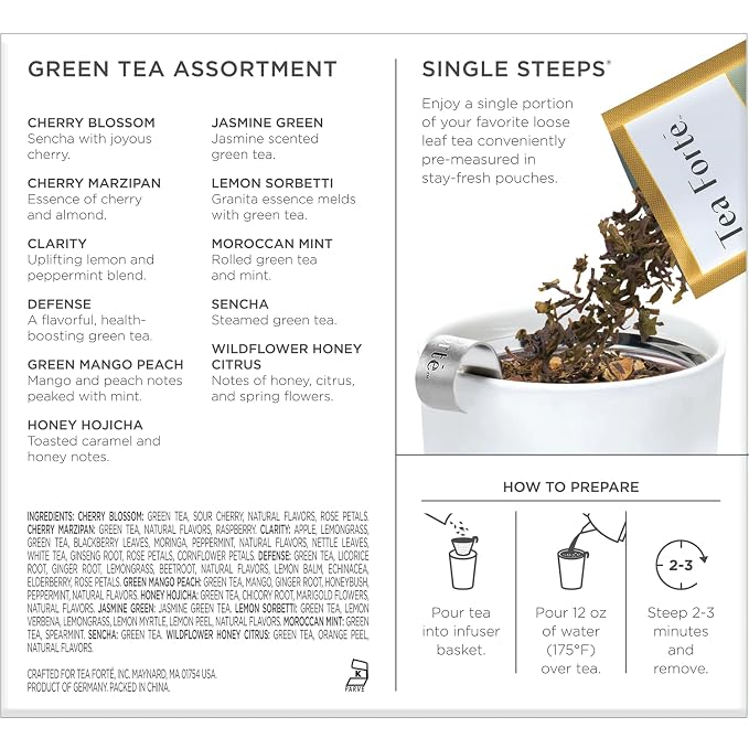 Tea Forte Single Steeps Loose Leaf Tea Sampler, Assorted Variety Tea Box, 15 Single Serve Pouches, Green