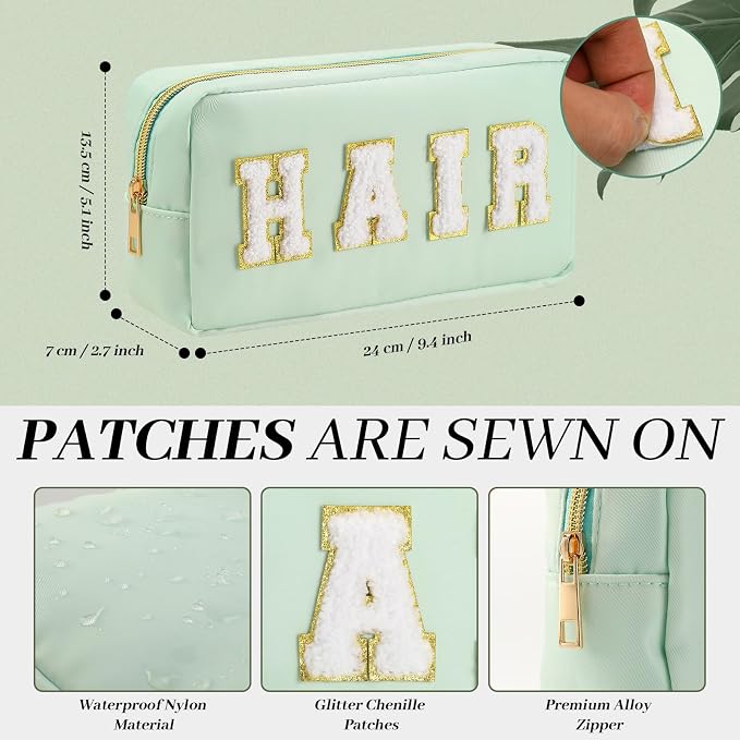 Preppy Makeup Bags Chenille Letter Stuff Bag Nylon Cosmetic Pouch Cases with Zipper for Women Travel Toiletry(Mint Color,Classic,4 Pcs)