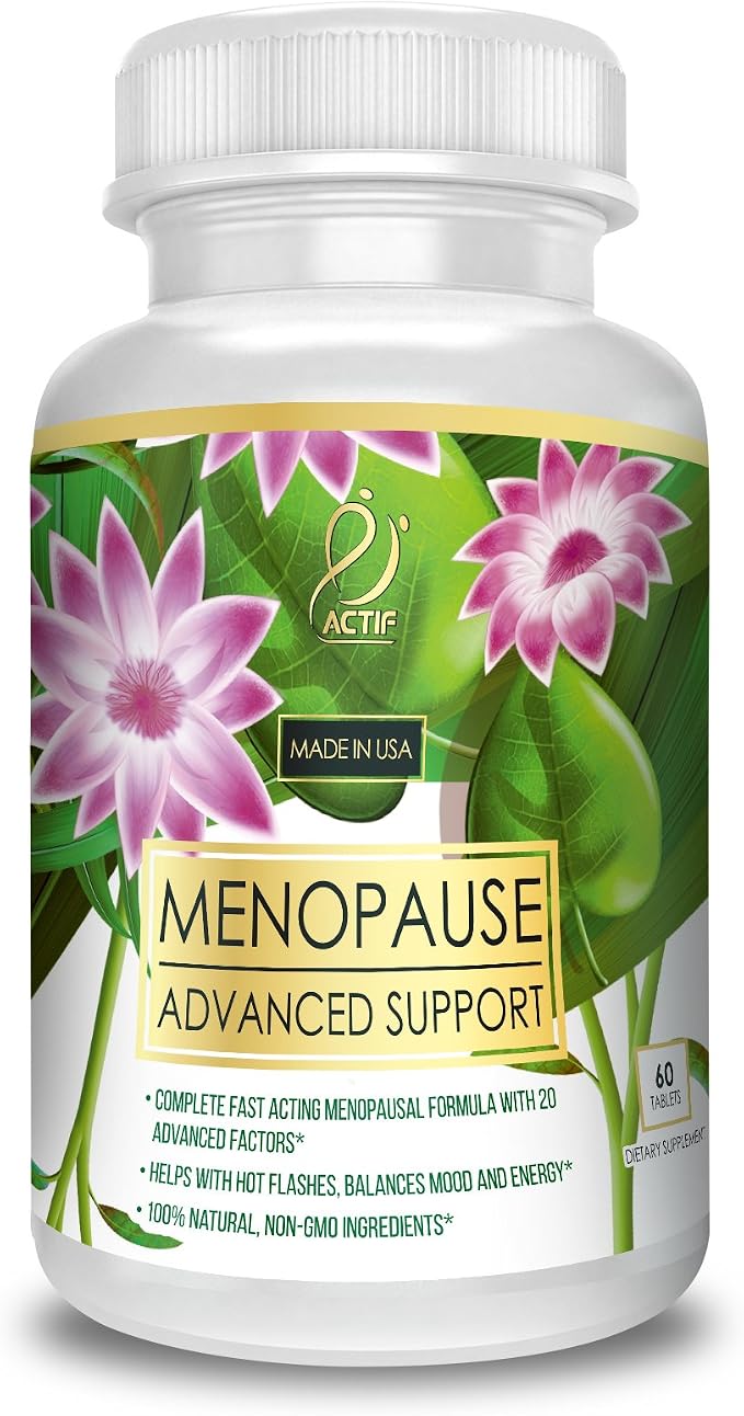 Actif Menopause Advanced Support with 20+ Organic Vitamins and Herbs - Relieves Hot Flashes, Night Sweats - Non GMO, Fast Acting, Made in USA, 60 Count