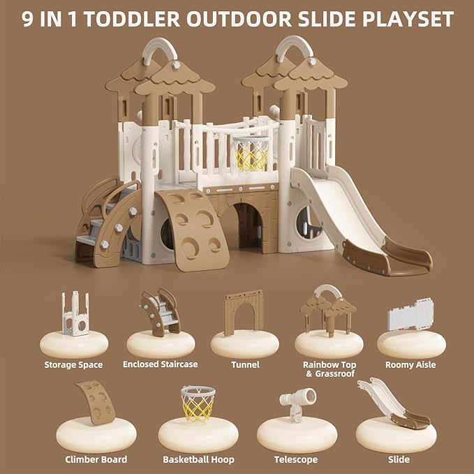 YUFU 9 in 1 Toddler Slide, Kids Slide with Double Climbers, Basketball Hoop, Tunnel and Storage Space, Indoor Outdoor Playset for Toddlers Age 1-3 (Brown)