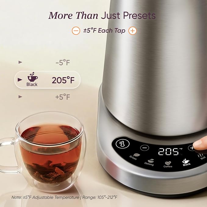 Cosori Electric Kettle, Plastic-Free Interior, 5 Presets ±5℉ Temperature Control, Fast Boiling, 2 Lid Opening, 60Min Keep Warm, Stainless Steel Tea Kettle for Tea, Hot Water, Boil Water, Coffee, 1.7L