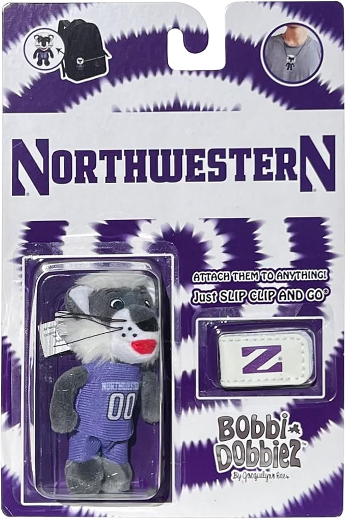 Bobbi-Dobbiez Attachable Plushie Northwestern University Willie Wildcat Mascot – Attaches to Backpacks, Bags, Shoes, Water Bottles, and More