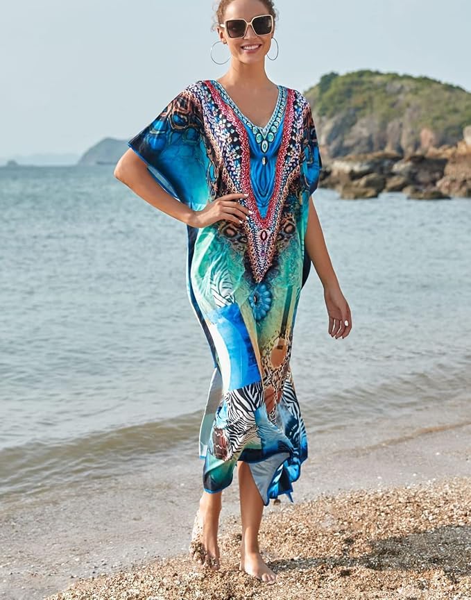 Venasha Womens Caftan Floral Print Kaftan Dress Short Sleeve Swimsuit Cover up Loungewear for Summer