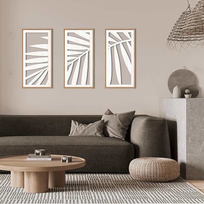 IARTTOP Tropical Palm Tree Leaf Wood Wall Art White Framed 8x16 Inch Set of 3 Hawaii Plant Leaves Wooden Wall Decor Minimalist Boho Artwork for Living room Bedroom Office