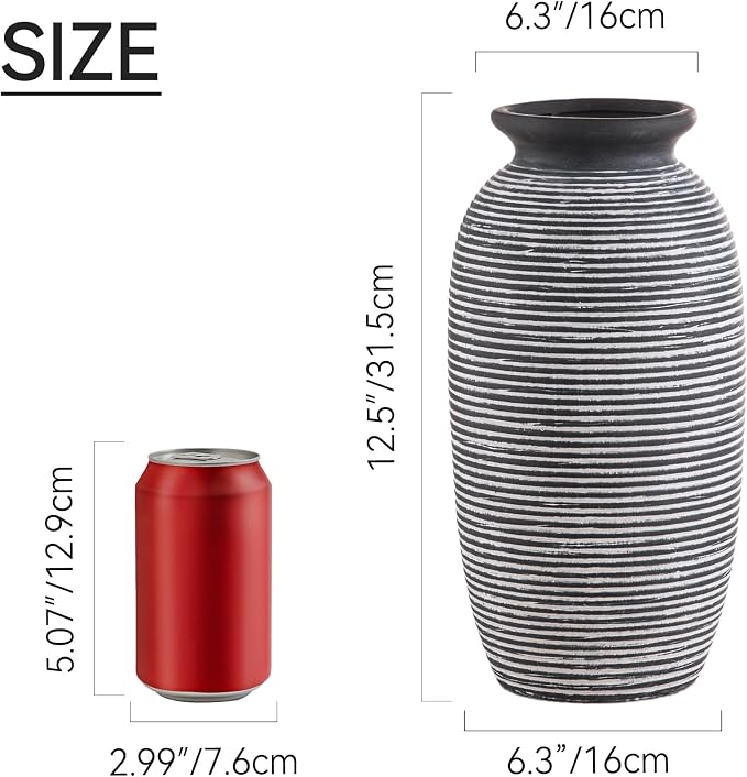 Ceramic Rustic Vase, Large Flower Farmhouse Vases Home Decor, 12.5" Tall Pottery Decorative Pampas Vase for Table Living Room Entryway Mantel Bookshelf Bedroom Bathroom Kitchen-Black