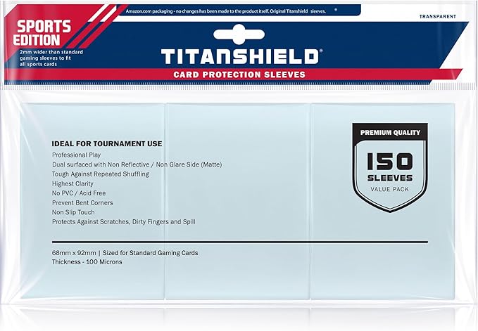 TitanShield Premium Card Sleeves | Compatible with Pokemon, One Piece, Lorcana, Flesh & Blood, & Magic The Gathering MTG | (150 Sleeves - Standard) (1, Clear, Sports Edition (2mm Wider) | 68x92mm)
