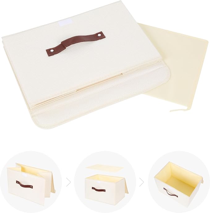 ANMINY Fabric Storage Box Bins with Lids, Beige, 15"x10"x10", 4 Pack | Keepsake Memory Storage, Cotton Linen, PP Board Reinforced, Washable, PU Handles, Foldable & Stackable, Decorative, Large