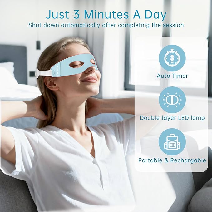 Red Light Therapy for Eyes, 3 Minutes NIR Red Light Eye Mask Reducing Under Eye Dark Circles, Eye Bags, Puffy Eyes, Wrinkles, Infrared LED Eye Mask Anti-Aging Device For Women & Men