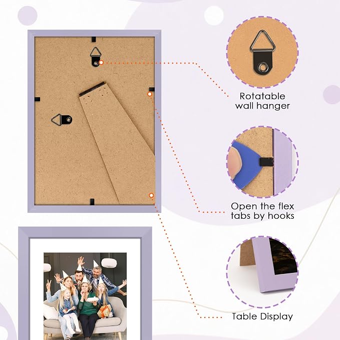 FIXSMITH 5x7 Picture Frame Set of 2, Purple Photo Frame with HD Plexiglass, Display Pictures 4x6 with Mat or 5x7 Without Mat Multi Picture Frames Collage for Tabletop or Wall Display