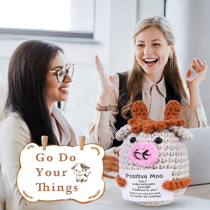 PARTY TONIGHT Funny Positive Crochet Animals Cow Gifts,Handmade Knitted Positive Moo for Women Men Lover Emotional Support Crochet Cow Inspirational Birthday Office Home Decor
