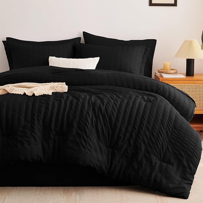 CozyLux Queen Comforter Set Black Seersucker 7 Pieces Bed in a Bag Queen Comforter Set with Sheets, Luxury Soft Bedding Set with Down Alternative Comforter, Sheets, Pillowcases & Shams for All Seasons