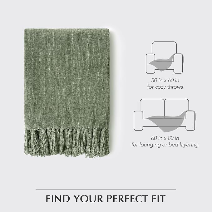 Chenille Knit Throw Blanket for Couch, 60"x80", Sage Green | Cozy Plush Fuzzy Knittd Throw with Tassels, Lightweight, Decorative, Farmhouse Decor, Ideal for Bed Sofa Gift, All Seasons