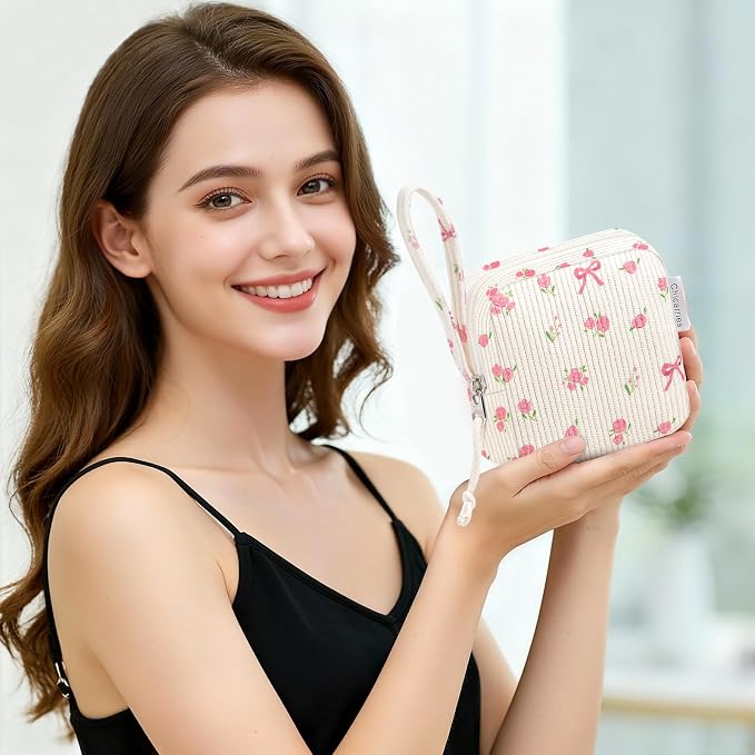 Small Makeup Bag | Discreet Period Bag Pad Pouch for Purse| Sanitary Napkin Storage & Tampon Holder for Travel Wallets and Handbags(Flower bow beige)