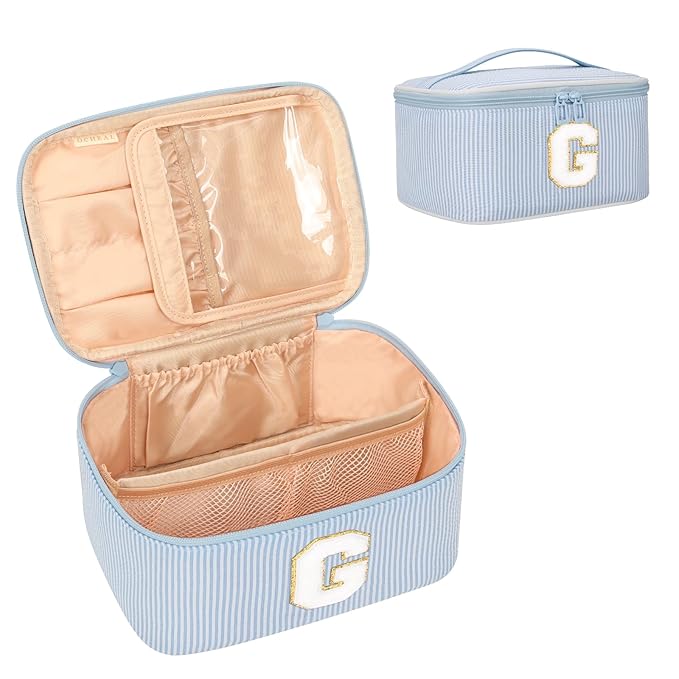 OCHEAL Makeup Bag Valentines Day Gifts for Women, Monogram Cosmetic Bag Blue Travel Makeup Case Beauty Toiletry Bag Organizer Personalized Gifts for Girls Bridesmaid, Sister, Wife, Friends Initial G