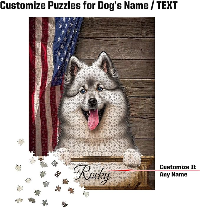 Custom Wooden Jigsaw Puzzles with Your Dog's Name on Wolf Spitz Art Print - 300 500 1000PCS Puzzles Game and Home Wall Decor