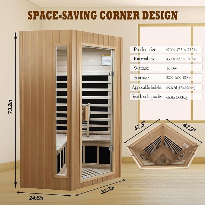 Kanlanth 2-3 Person Sauna, Low EMF Infrared Saunas for Home, 1,670Watt, Side Glass Window Indoor Sauna with Rapid Heating 5 Carbon Panels, LED Reading Lamp, Bluetooth, Control