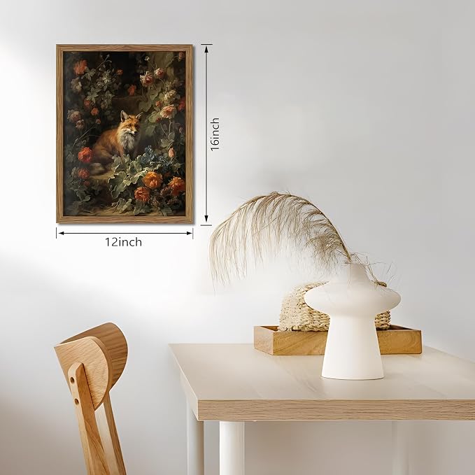 Framed Dark Academia Fox Canvas Wall Art, Sitting Fox Surrounded by Flowers, Elegant Vintage Botanical Poster, Fine Art Print for Living Room Bedroom Study – Dark Wooden Frame 12x16in