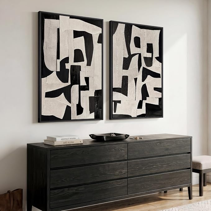Large Framed Black and White Abstract Wall Art for Living Room, 24x36 In | 2 Piece, Canvas Prints, Black and Beige Pictures, Modern Minimalist Paintings, Geometric, Bedroom Hallway Entryway Wall Decor