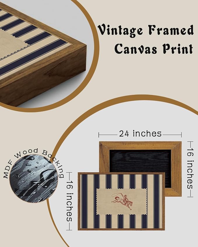 ZZLWBKGL Western Wall Decor Striped Cowboy Canvas Art Vintage Wall Art | Farmhouse Artwork Retro West Country Aesthetic Mid Century Rodeo Paintings Living Room Bedroom 16x24in
