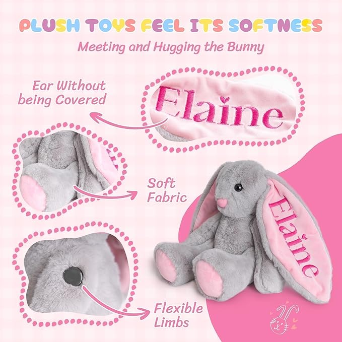 Custom Plush Bunny Toys with Child's Name, Embroidered Bunny Stuffed Animals for Baby Toddlers, Personalized Birthday Gift for Baby Girls Boys (Grey)