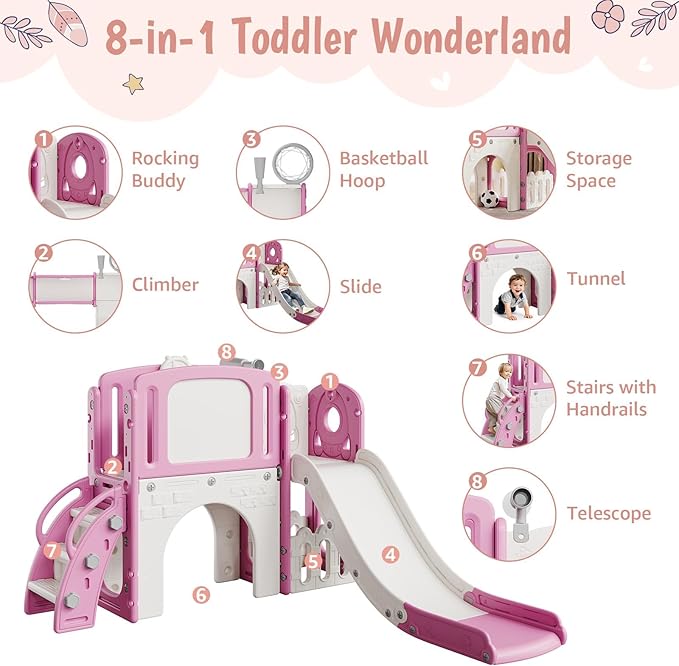 8-in-1 Toddler Slide, Toddler Outdoor Playset, with Toddler Climber and Kids Slide, Includes Basketball Hoop, Telescope, Tunnel, and Storage Space for Backyard & Courtyard