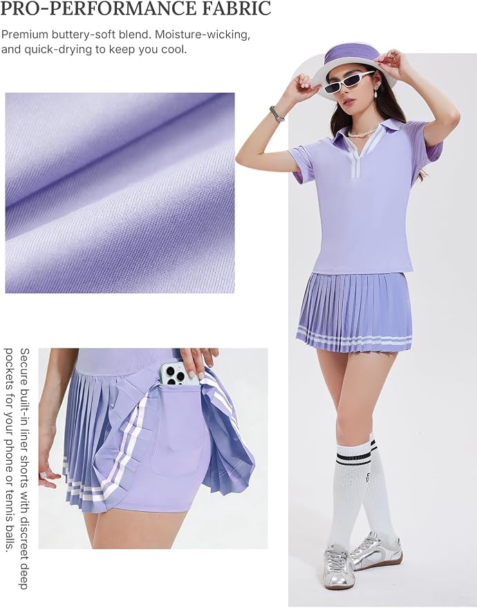Women 2 Piece Tennis Skirt Set Pleated Golf Outfit, Polo V-Neck Athletic Dress Alternative Skort Set for Pickleball Pockets