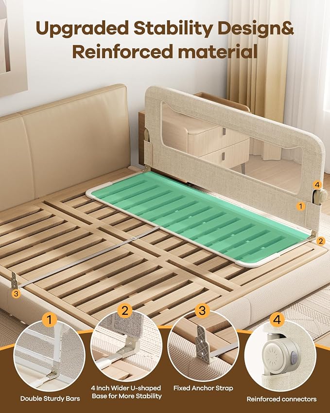 Foldable Bed Rail for Toddlers, 59in Reinforced Carbon Steel Frame&Connectors, Breathable Cationic Fabric, Safety Toddler Bed Rails for Queen, King, Twin, Full, No-Tool Setup.
