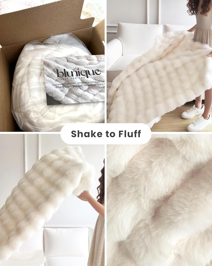 Ultra Soft Cozy Faux Fur Throw Blanket, Fuzzy Plush Thick Bubble Blanket, Oversize Luxury Fluffy Blanket for Couch, Bed, and Living Room, 60x80 Inches, Cream White