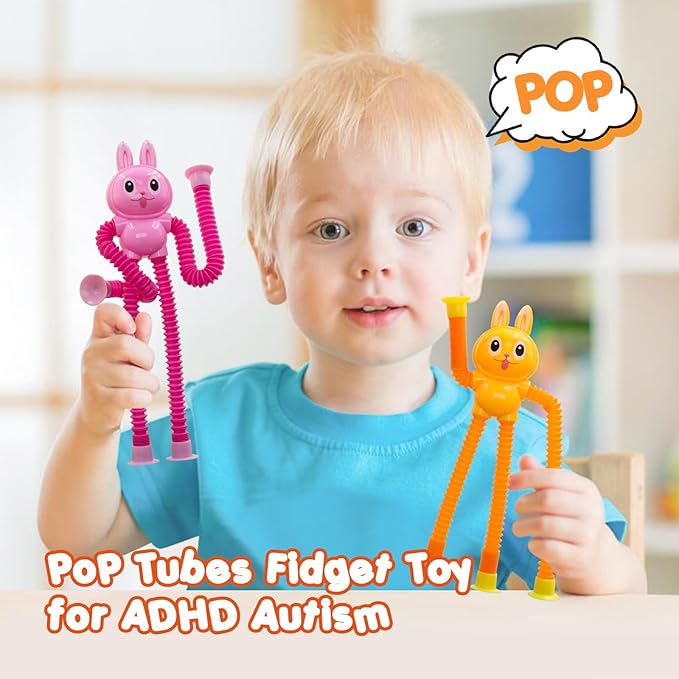 Pop Tubes Bunny Fidget Toys for Kids, 4Pack Fidget Pop Toys Telescopic Suction Cup Toy for Stress and Anxiety Relief, Stocking Stuffers Gift for Kids and Toddlers (4Pack Rabbit)